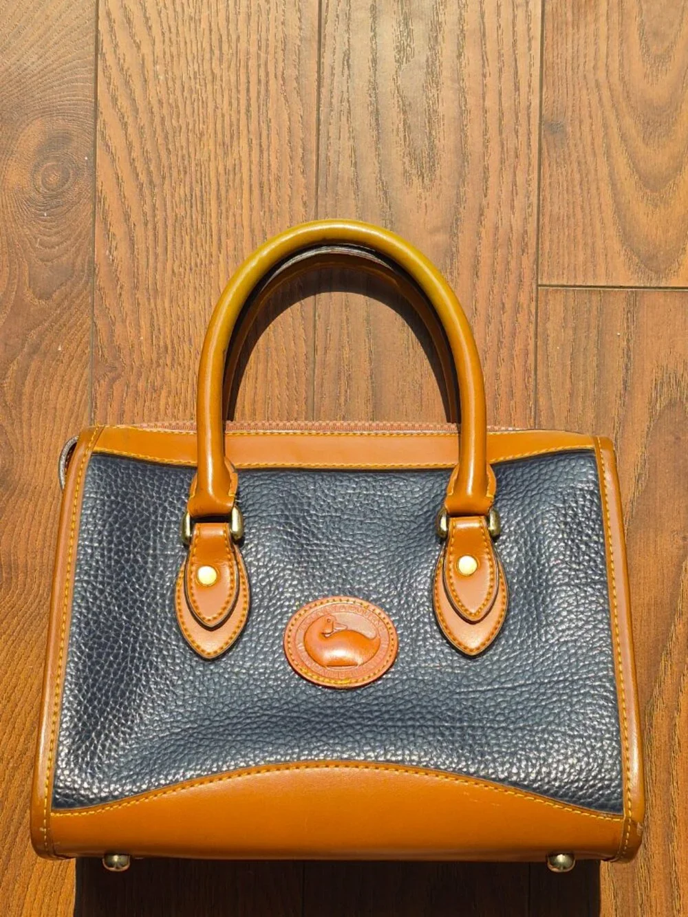 Vintage Dooney & Bourke AWL Small Satchel Top Handle Navy British Tan